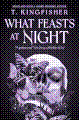 cover artwork for what feasts at night. it is heavily edited to be colorized purple and dithered so that it's barely recognizable as anything.