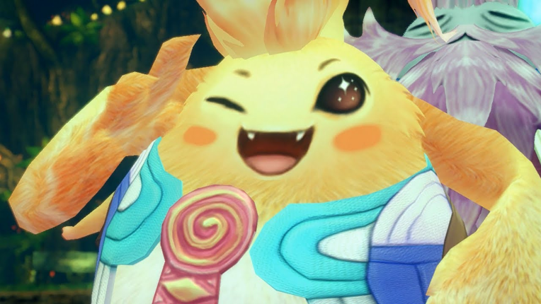 a close-up of the character riki, a fluffy, small, very round, sentient hamster-like creature. he's winking with one eye and throwing up a peace sign like a cute anime girl.